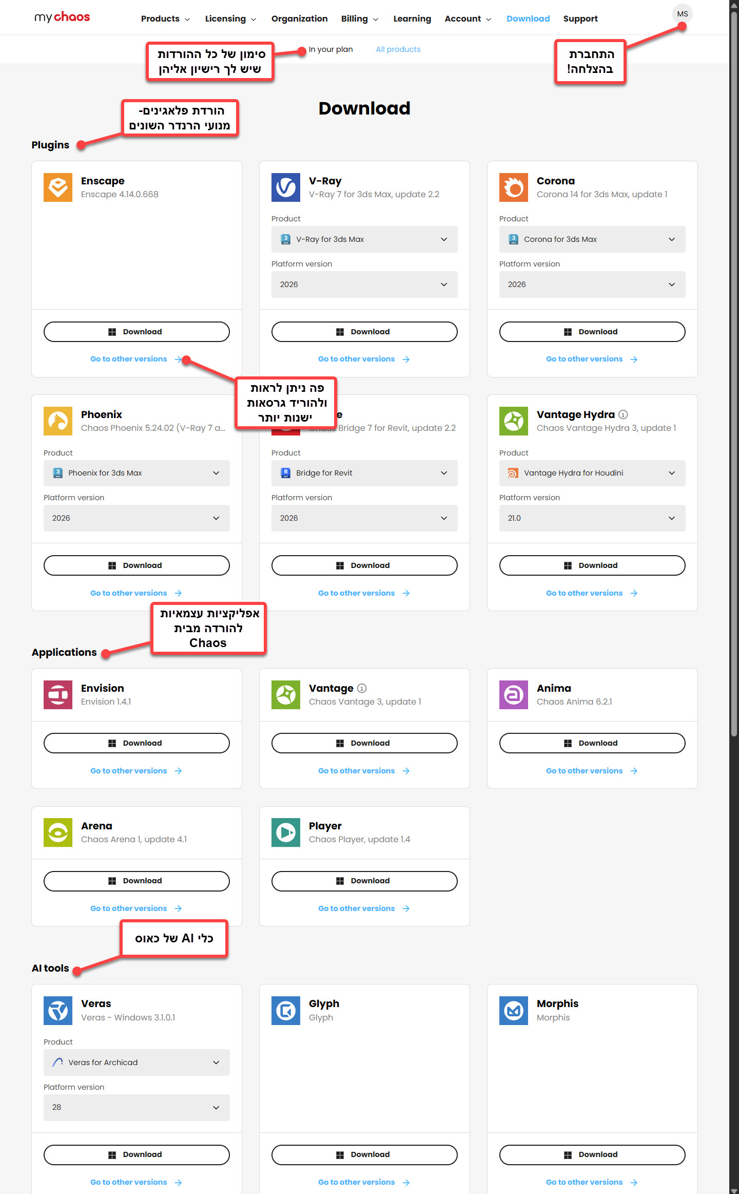 הורדת קובץ התקנה לויריי אנסקייפ קורונה או כל מוצרי כאוס האחרים בהתאם לרישיון התוכנה שלך